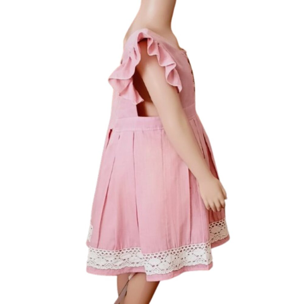 Girls Dusty Pink Pinafore Dress 5-6T Pleated Flare Lace Trim Flutter Sleeves - Picture 4 of 8